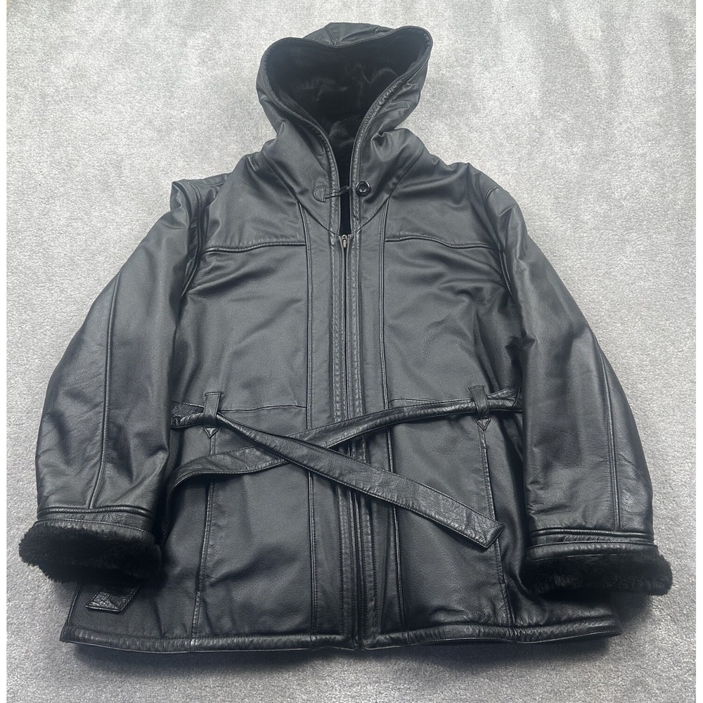 Wilson Leather Jacket Zip Up Hooded Belted Size‎ XL Black Faux Fur Lined